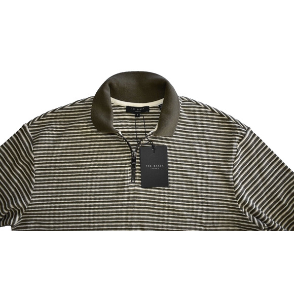 B5 NWT TED BAKER Khaki Striped Textured Knit Cotton LS Polo Shirt Sz 2 $175 - Picture 3 of 7